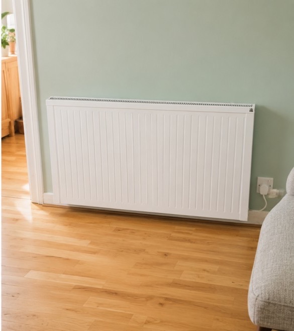 A slim white NEOS electric radiator on the same living room wall